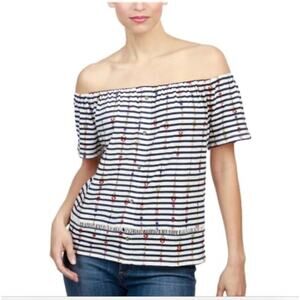 Lucky Brand Striped Embroidered Off Shoulder Top Size Medium